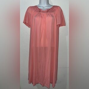 Miss Elaine Women's Nightgown Soft, Sheer Vibrant Pink Embroidered Floral Sz L